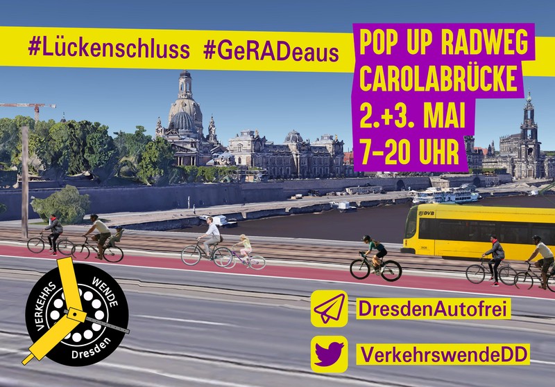 Verkehrswende Dresden: Demo mit PopUp-Radweg über die Carolabrücke